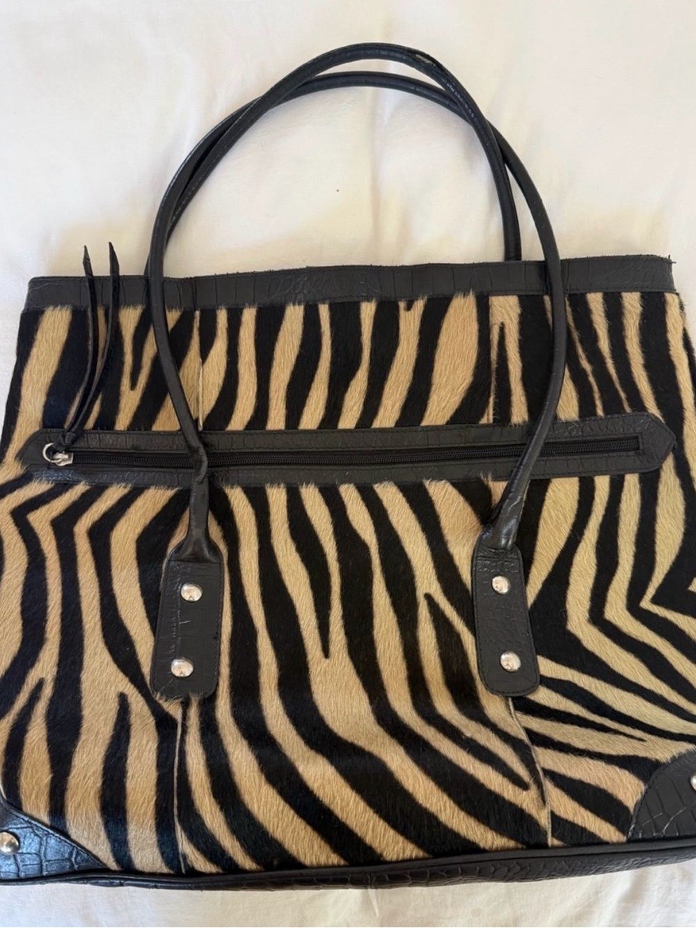 Maurizio Taiuti Zebra-Print Calf Hair and Croc-Embossed Tote in Black & Cream